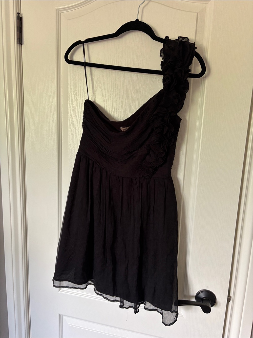 Mango One-Shoulder Black Chiffon Dress with Floral Shoulder Detail